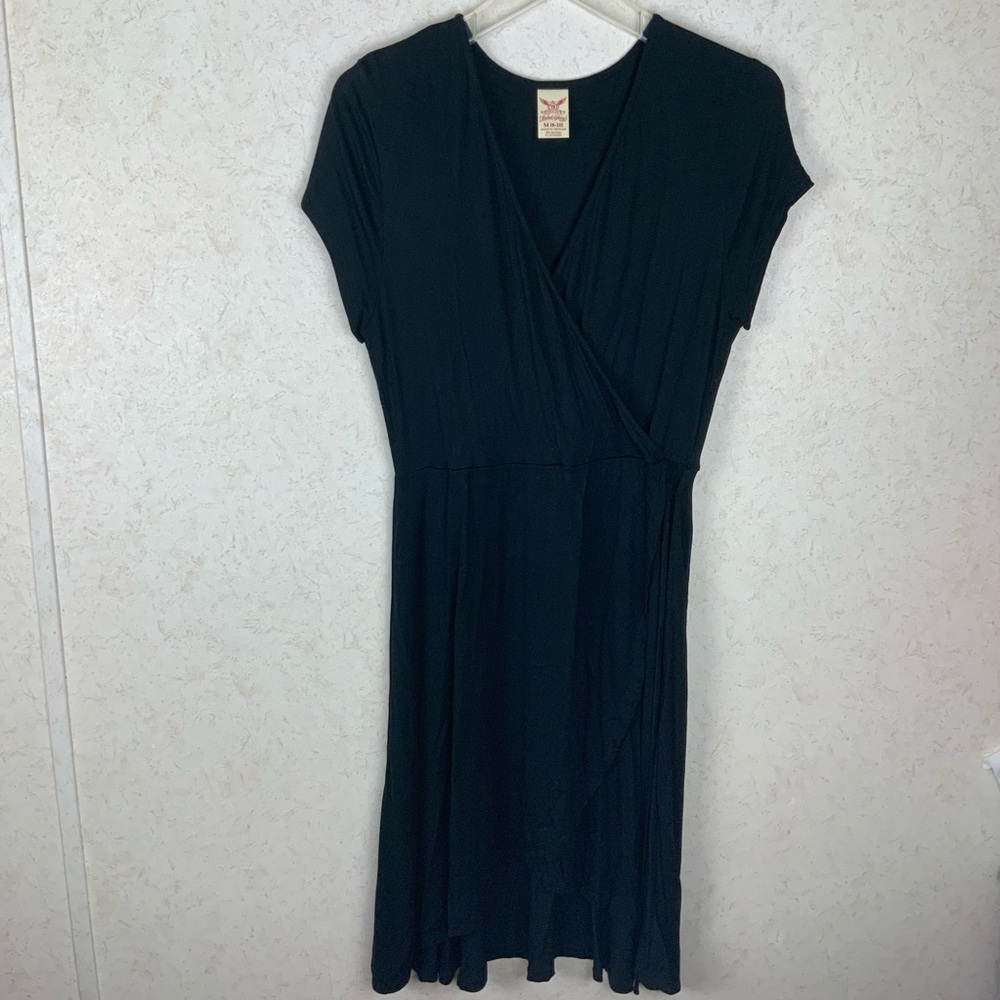 Faded Glory Black V-Neck Dress Size M Faux Wrap Around High Low Ruffled Hem